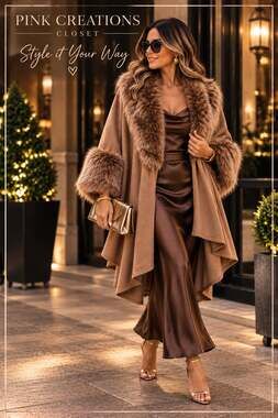 Camel Brown Draped Cape Coat Plush Trim Collar Cuffs Large NWOT